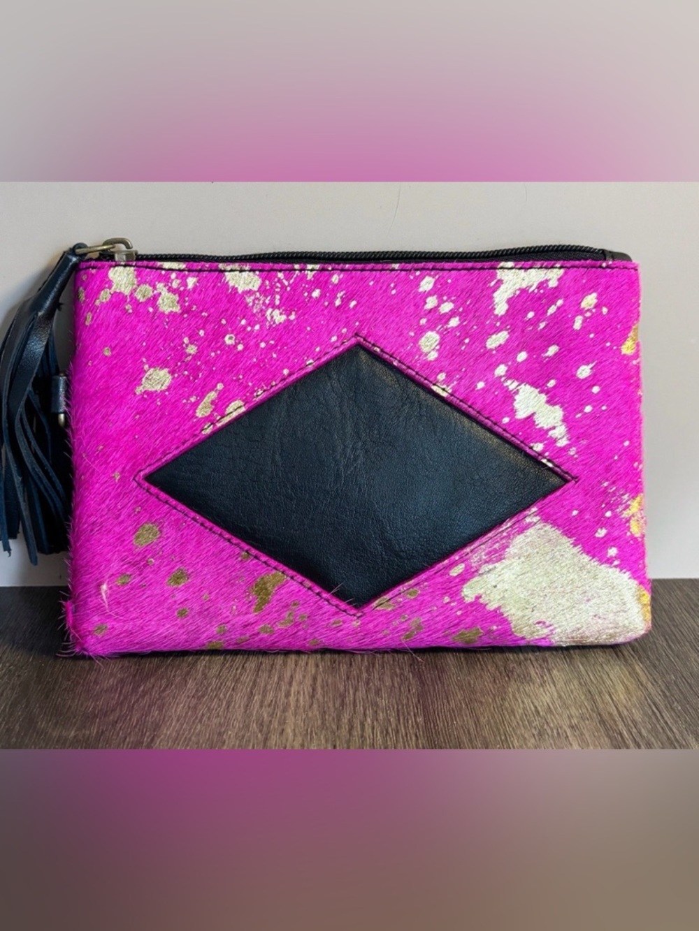 New Leather Wristlet Pink Hair-On Hide Wristlet Clutch Gold Foil Leather Tassel